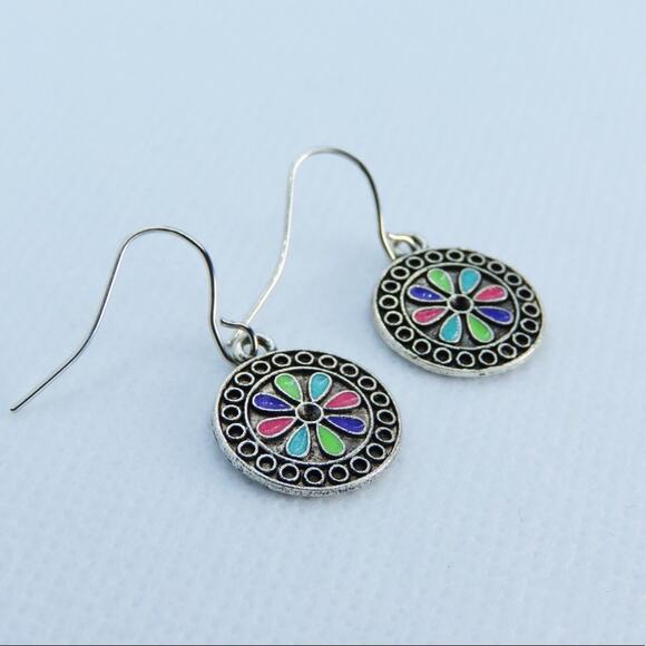 Free People Tiny Boho Flower Colorful Circle Minimalist Flower Drop Earrings - Picture 1 of 2